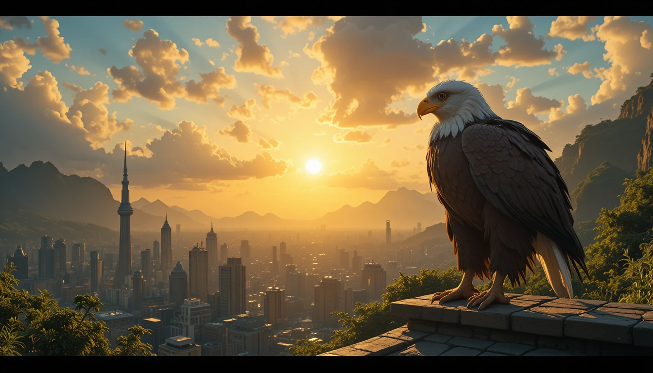 Águia Observando Cidade Verde ao Nascer do Sol de um Terraço Alto