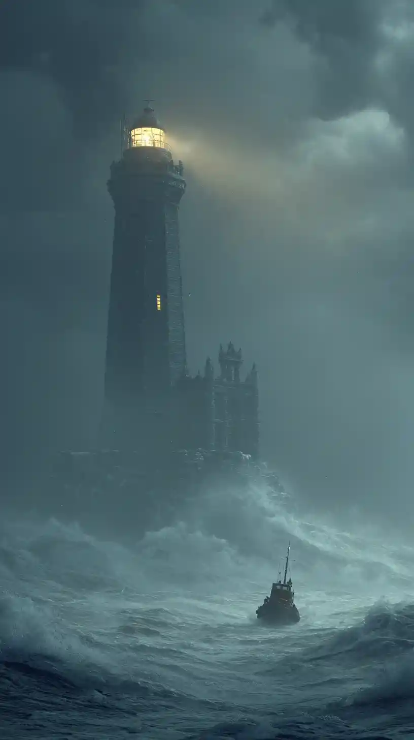 Tiny tugboat battles towering waves by a lone lighthouse