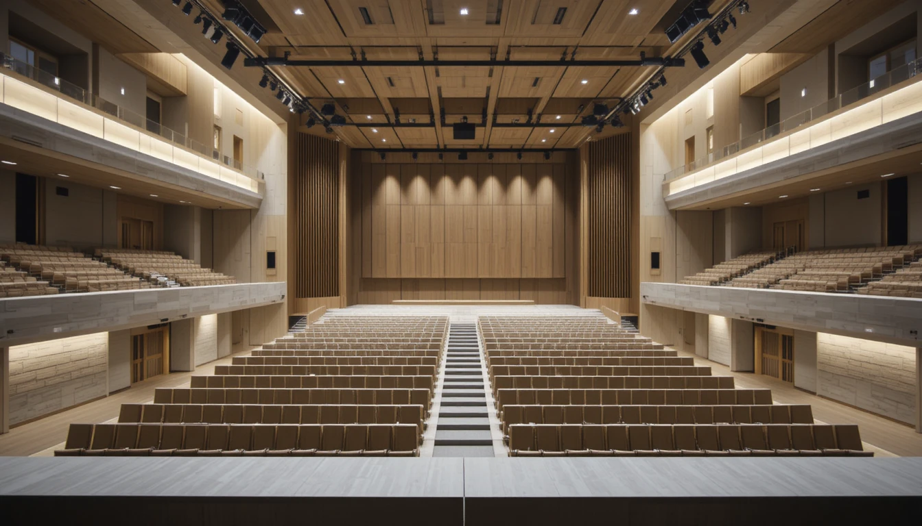 先進的な音響設計を備えた現代的なホール建築モデル