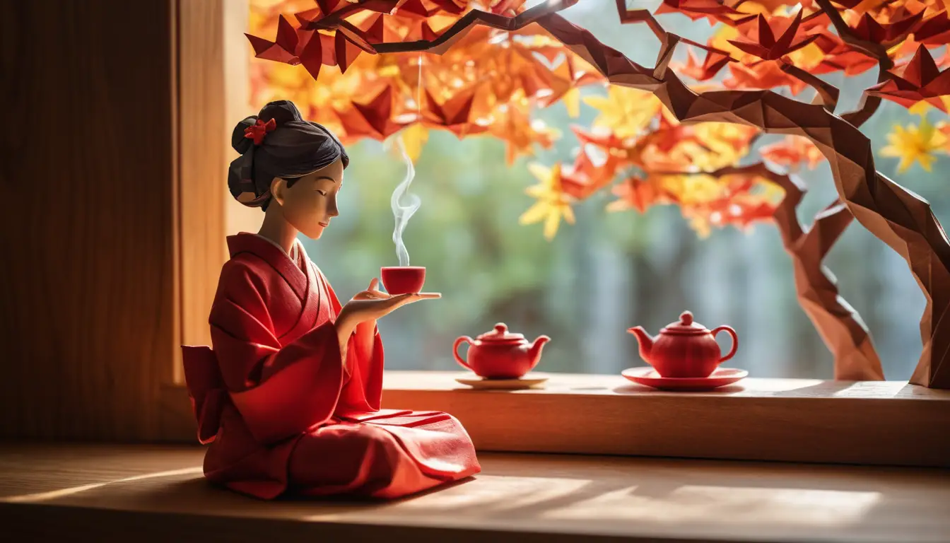 Femme en origami en kimono rouge dégustant un thé près de la fenêtre