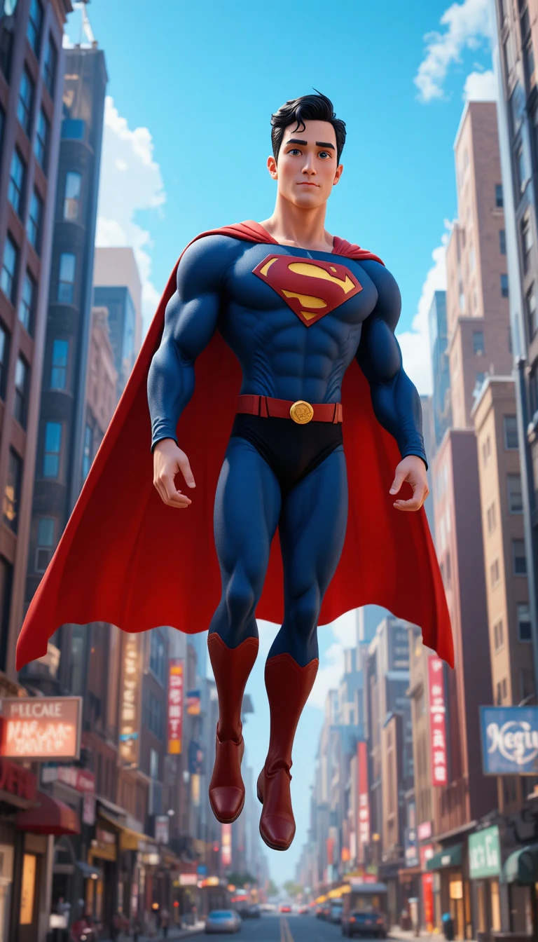 Super-herói voando e patrulhando uma cidade brilhante em estilo 3D