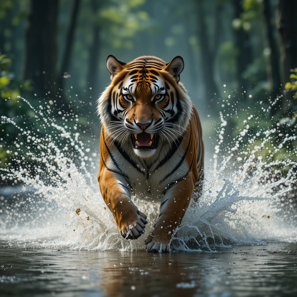 Tigre sprintant dans l’eau d’une forêt en mouvement cinématographique