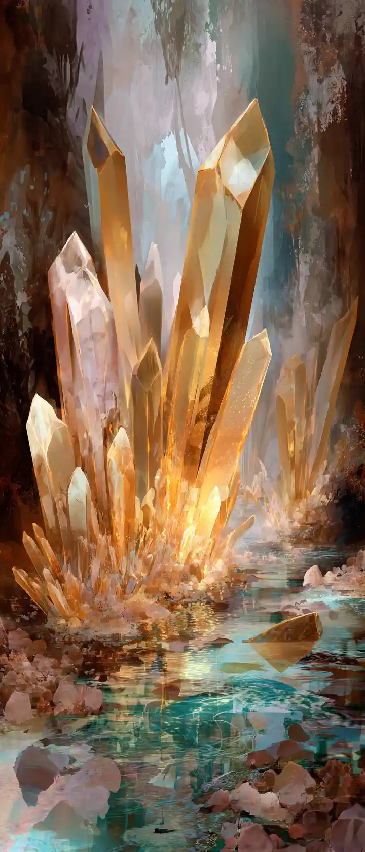 Krieger in Kristallhöhle berührt leuchtende goldene Kristalle