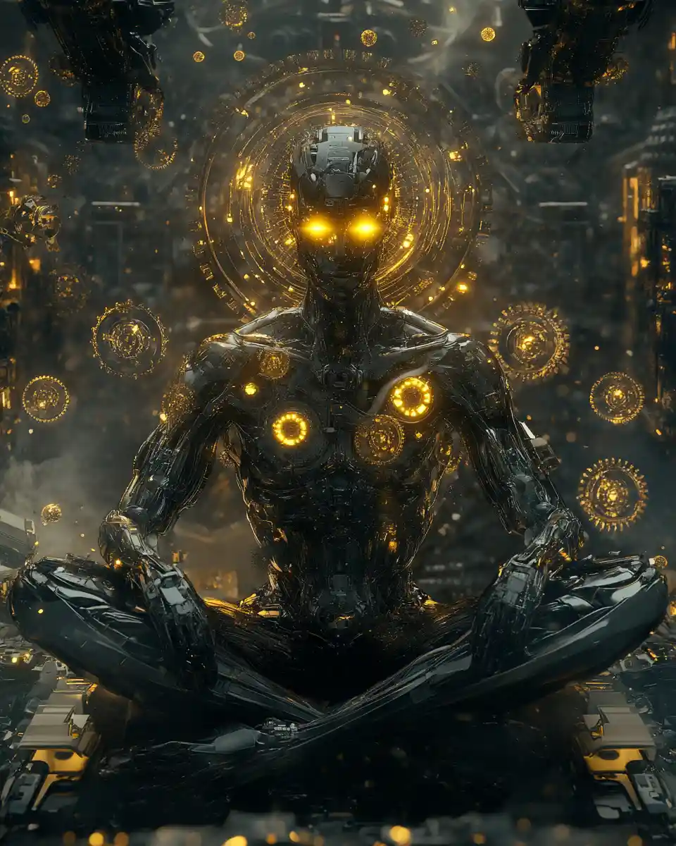Futuristic cyborg man with golden mechanical body