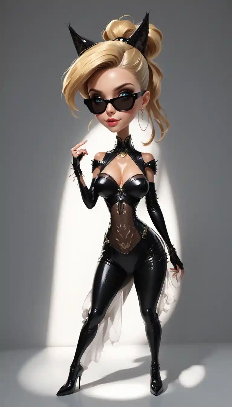Blonde woman in black cat costume with glasses posing