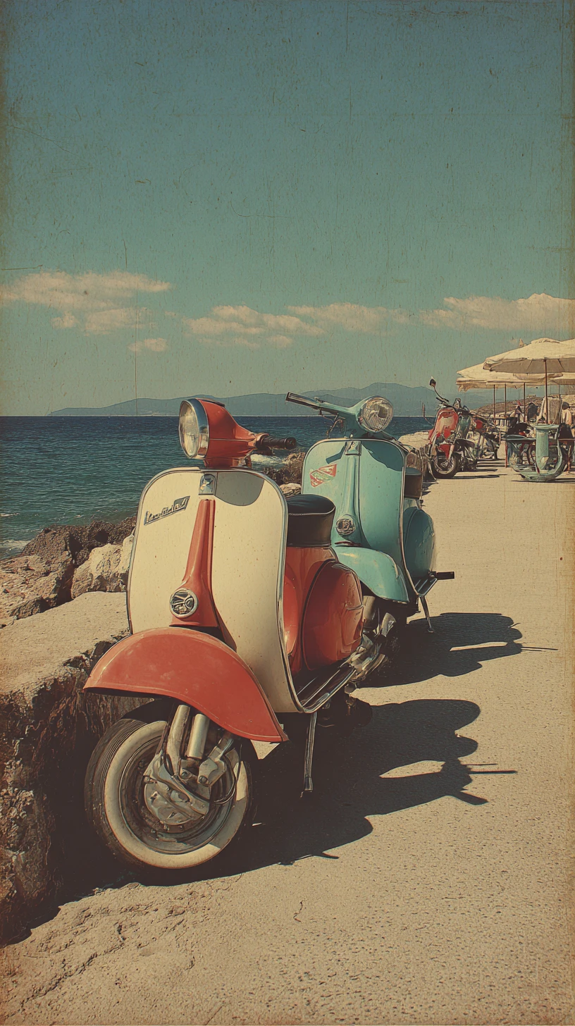 Vintage scooters by the seaside in sunny 1960s style