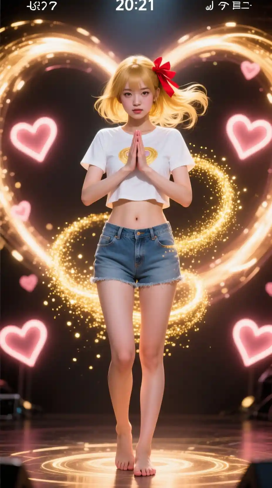 Barefoot idol girl on stage with glowing golden spiral