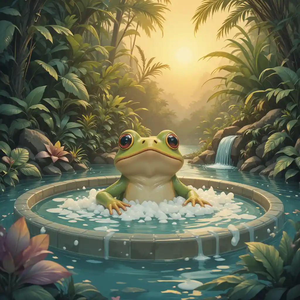 Rana relajada bañándose en una piscina de la jungla al atardecer