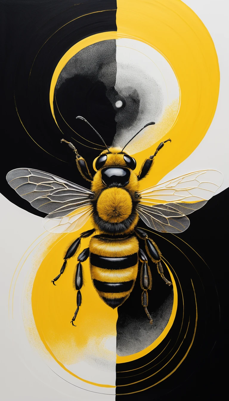Monochrome bee illustration symbolizing delicate yin yang harmony