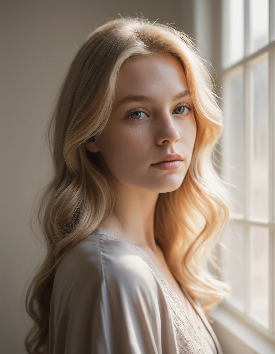 Young blonde woman in soft window light portrait