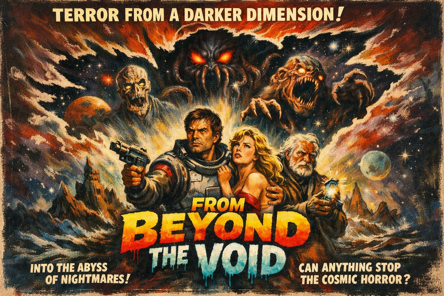 Vintage sci fi poster of a cosmic horror emerging from darkness