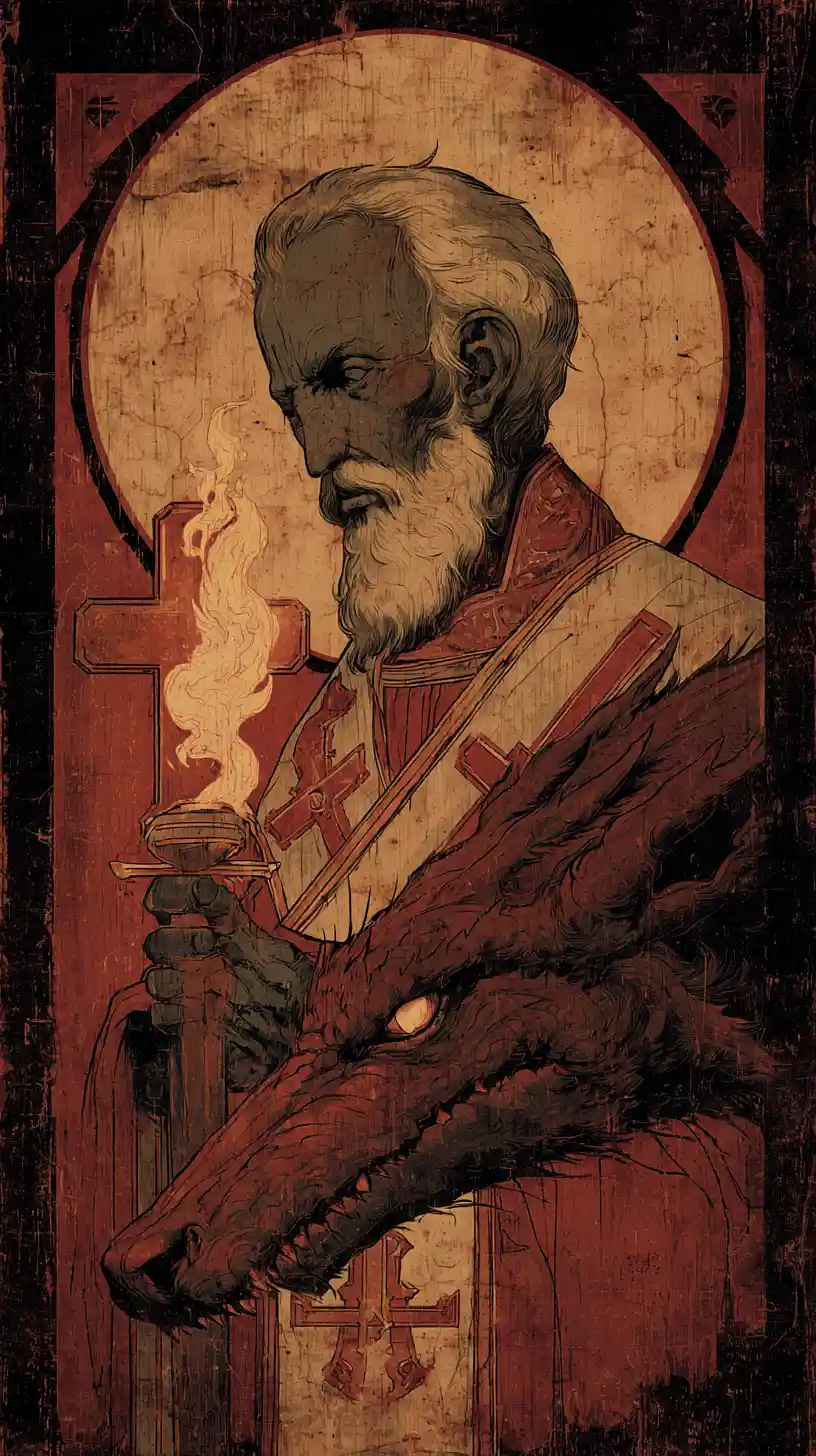 Ominous saint icon with flaming cross and looming shadow