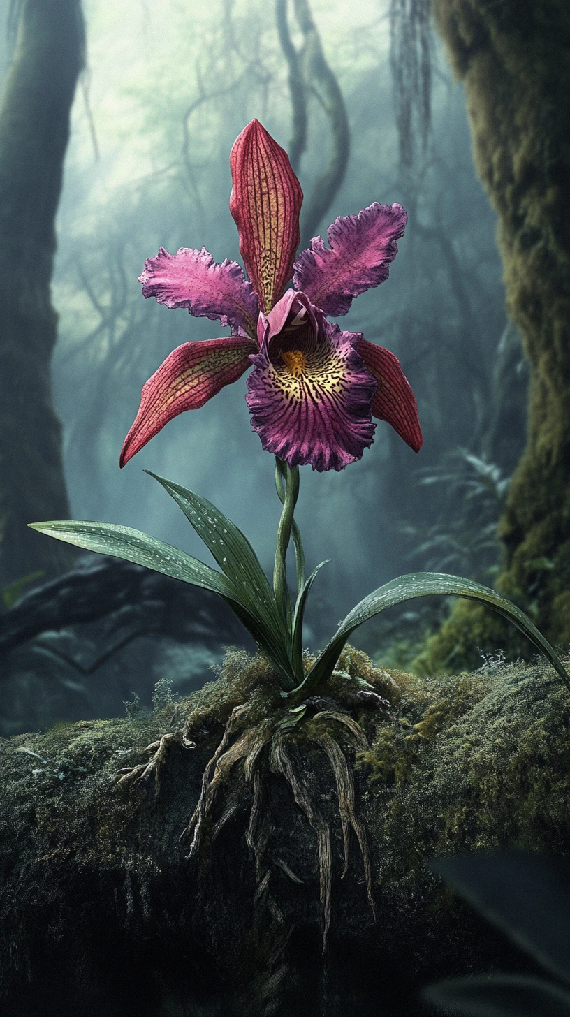 Ilusión surrealista de una orquídea en una extraña escena cambiante