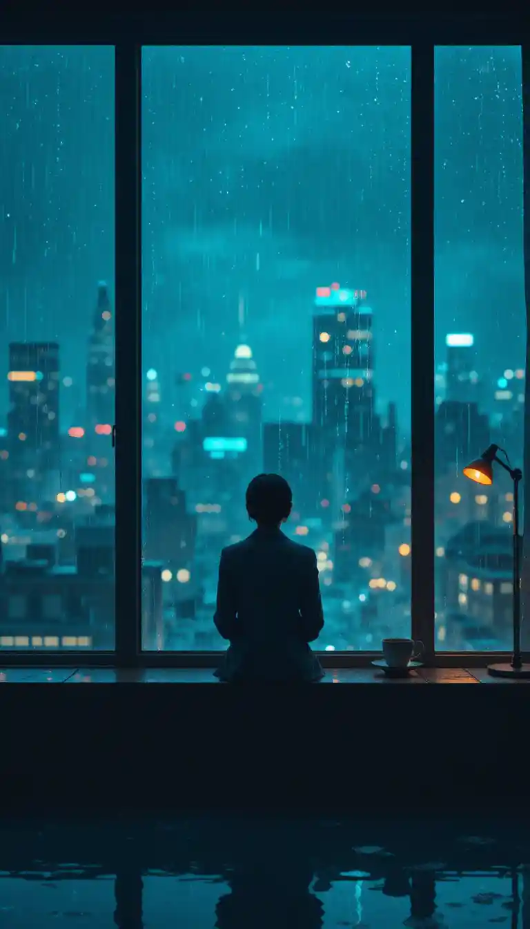 雨の窓辺で遠くの街明かりを見つめる孤独な人物