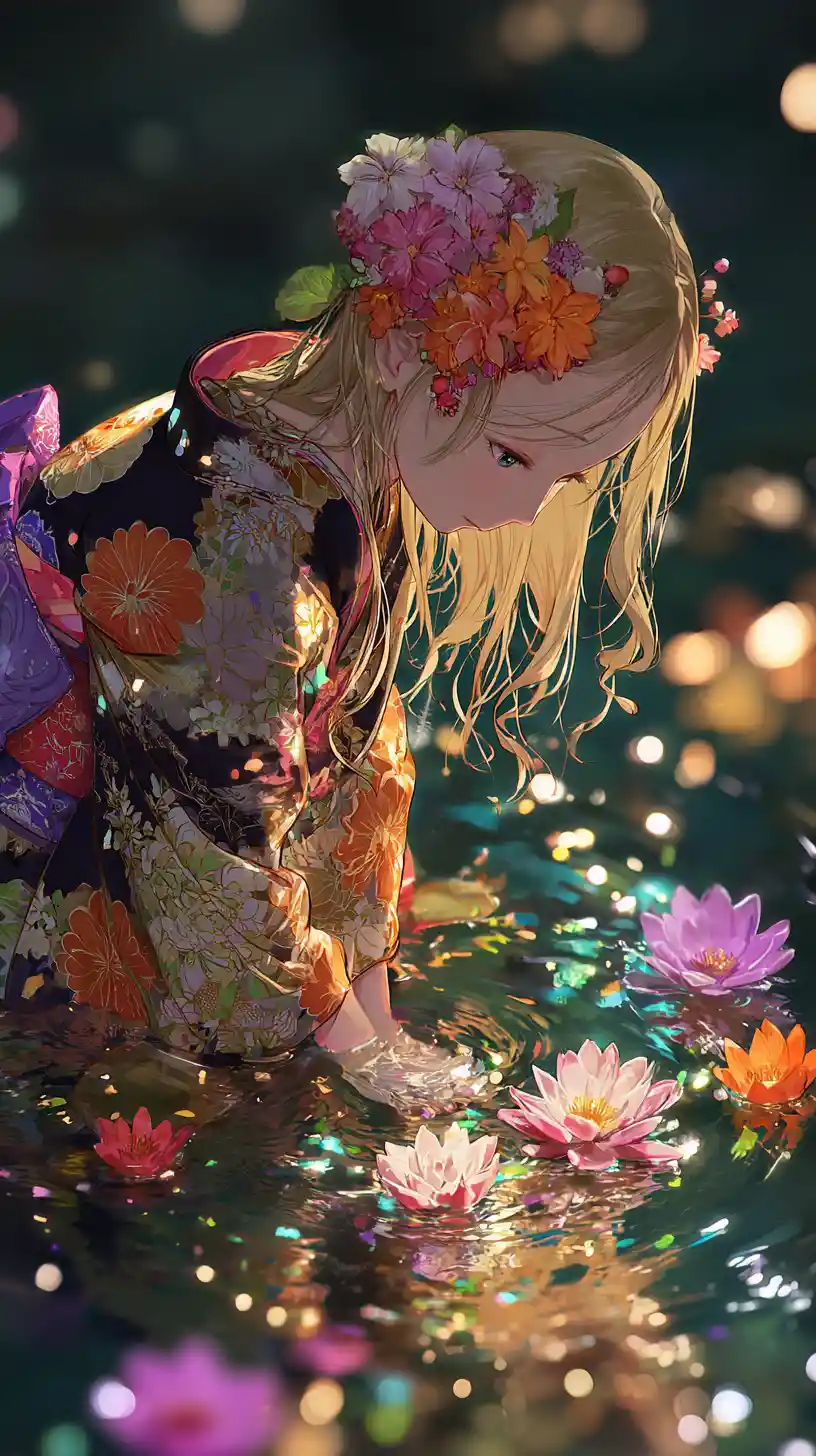 黑暗池畔身穿花卉和服的憂鬱系動漫少女