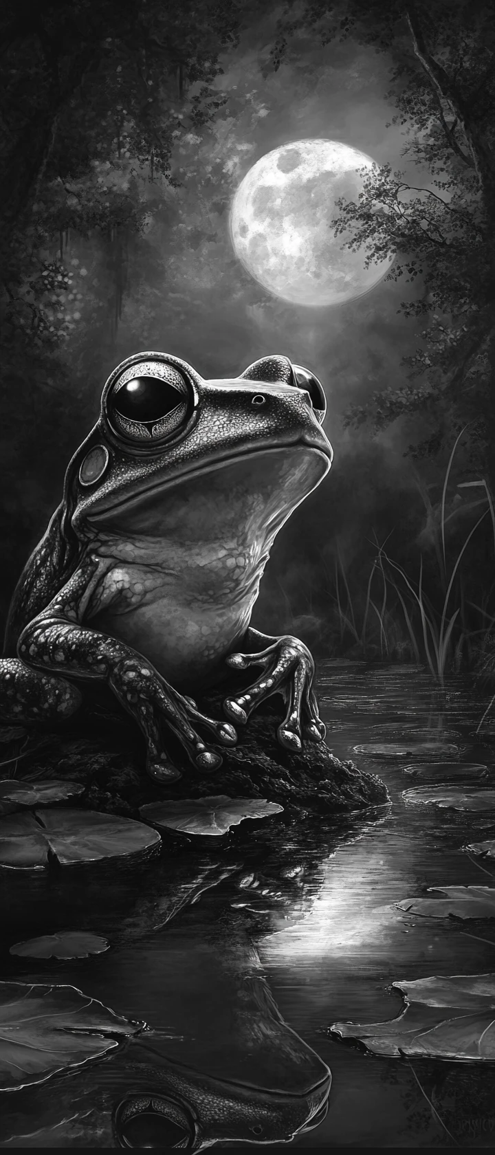 Sapo de Olhos Brilhantes ao Lado de um Lago Encantado ao Luar