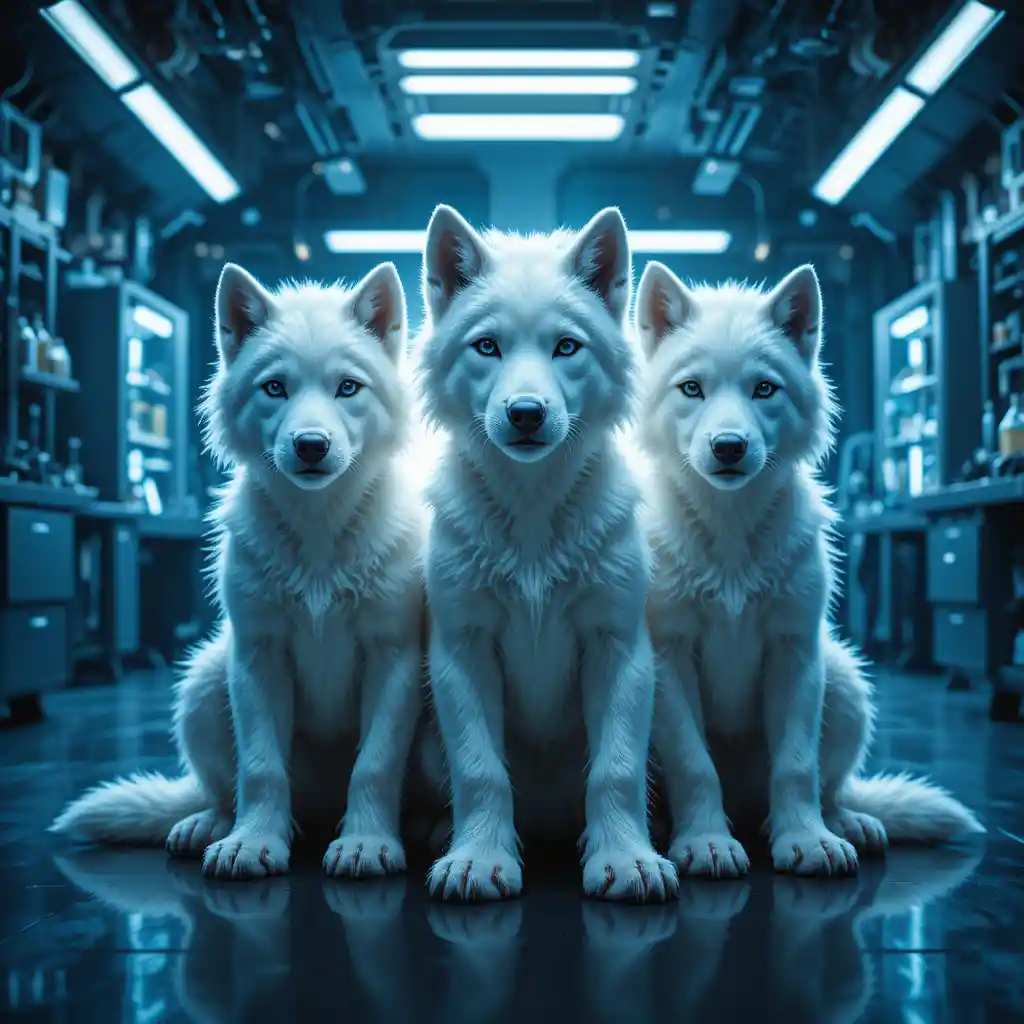 Trois louveteaux blancs dans un laboratoire scientifique futuriste