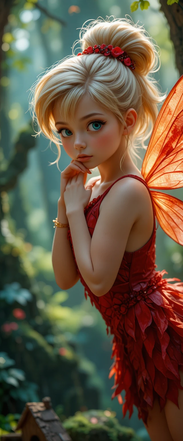 Blonde fairy girl in red leaf dress flying in treehouse