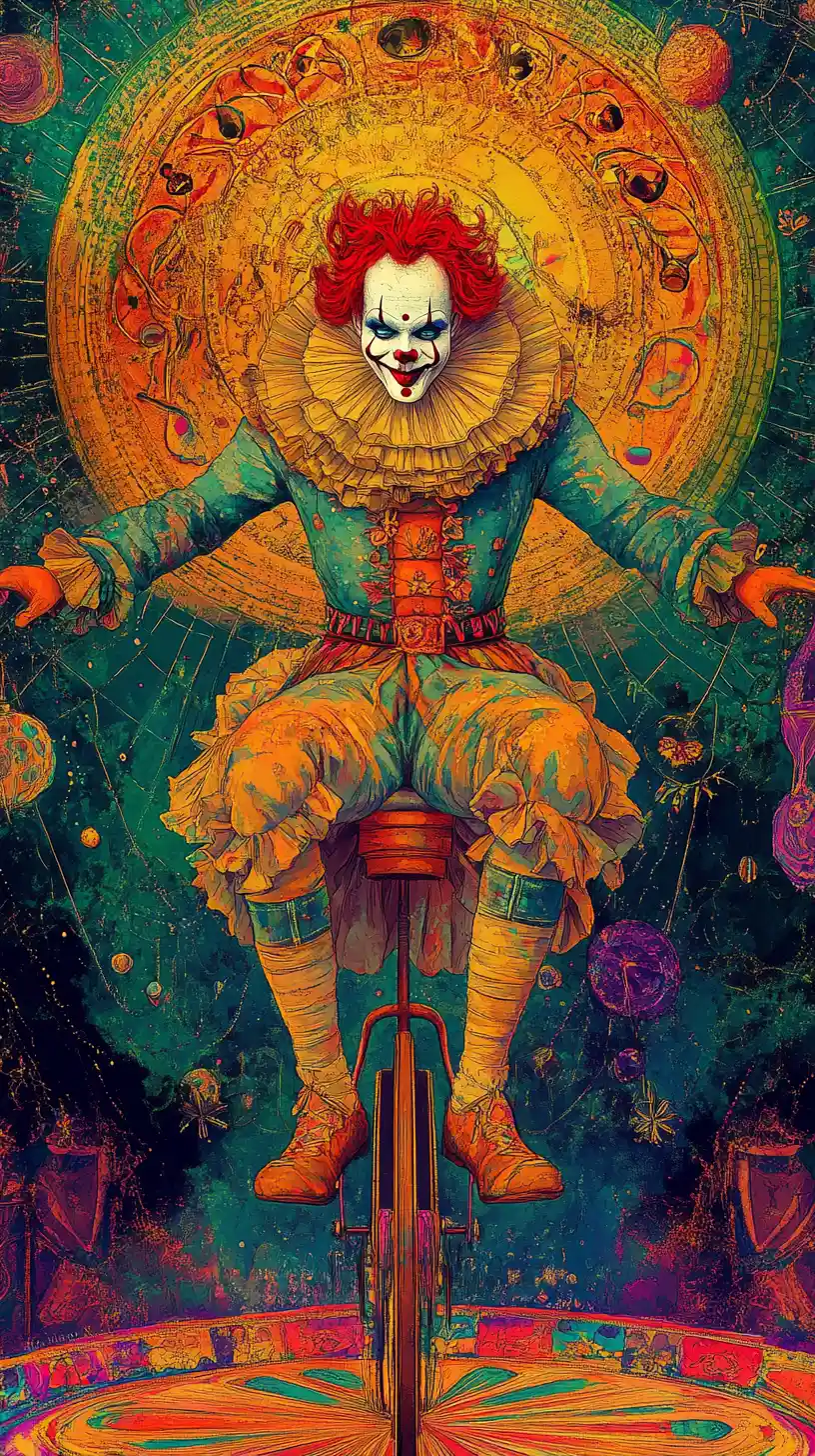 Clown auf Einrad, der unter einem psychedelischen Zirkuszelt jongliert
