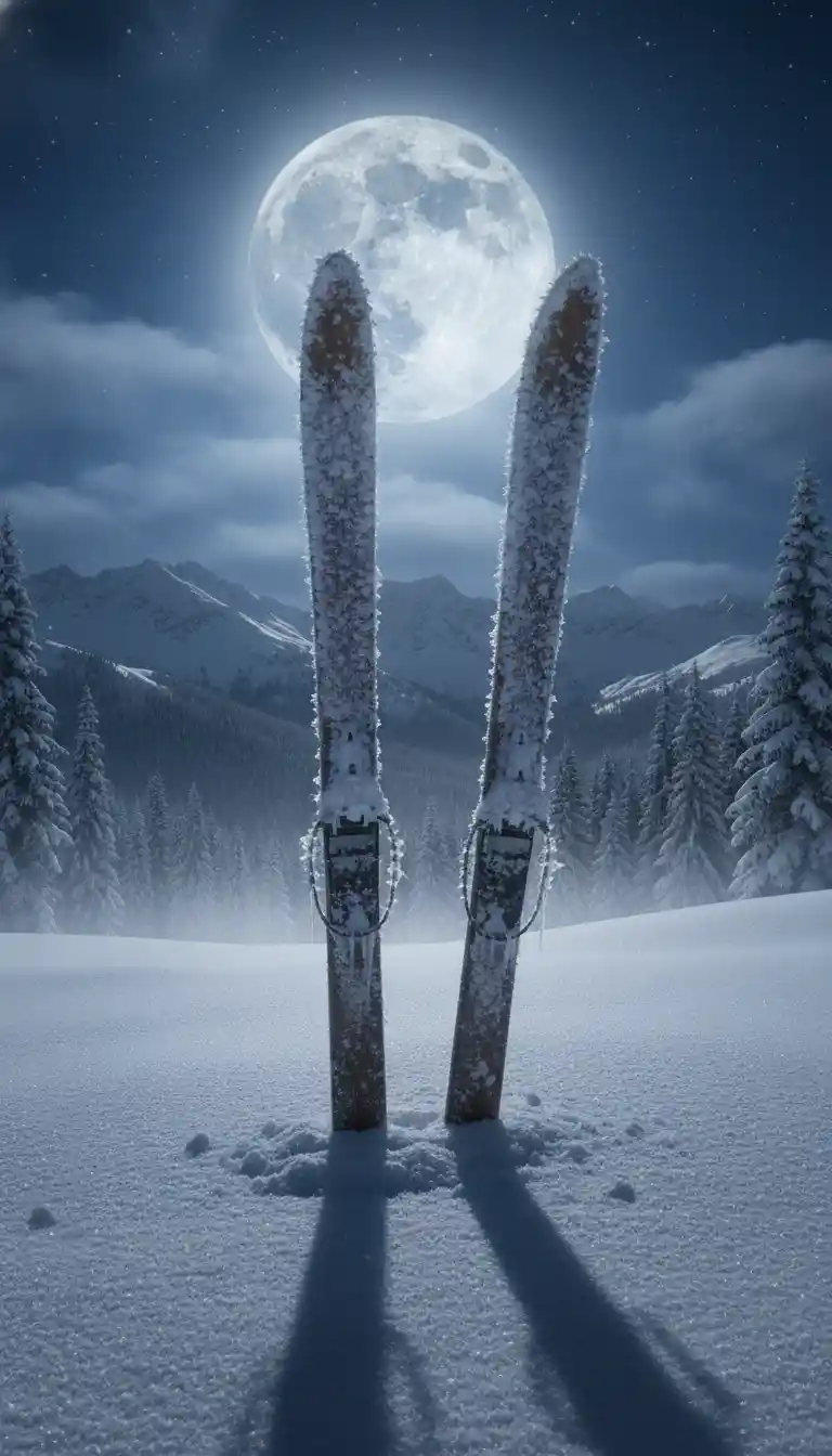 Paar Skier in verschneiter Landschaft unter Vollmond