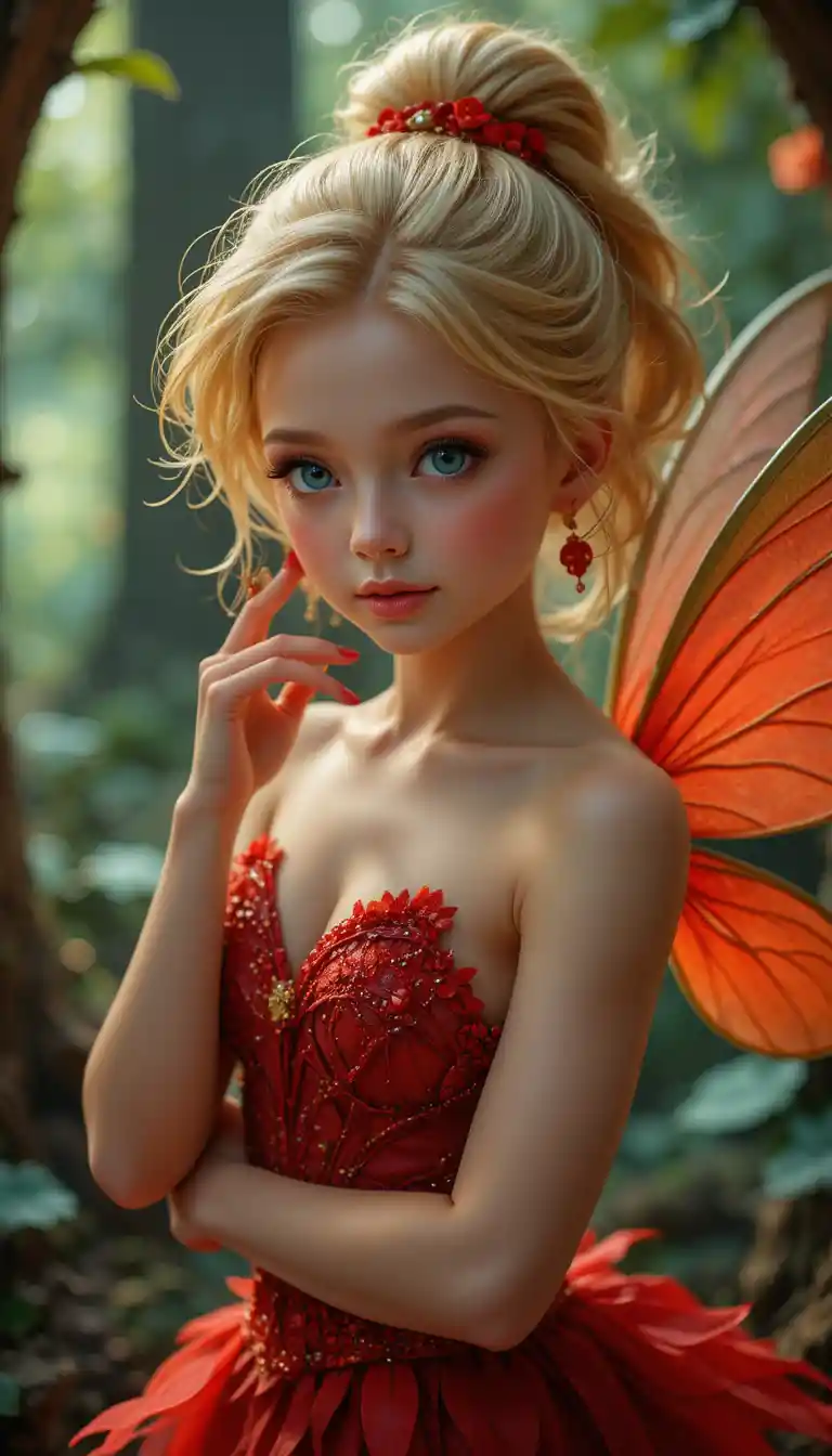 Shy blonde fairy girl flying in a treehouse