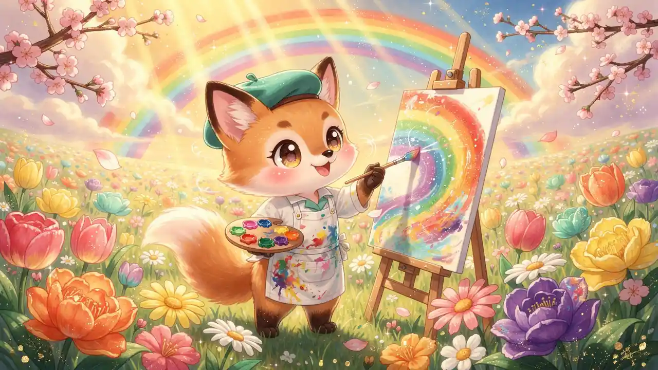 Süßer Chibi-Fuchsmaler, der einen leuchtenden Regenbogen erschafft