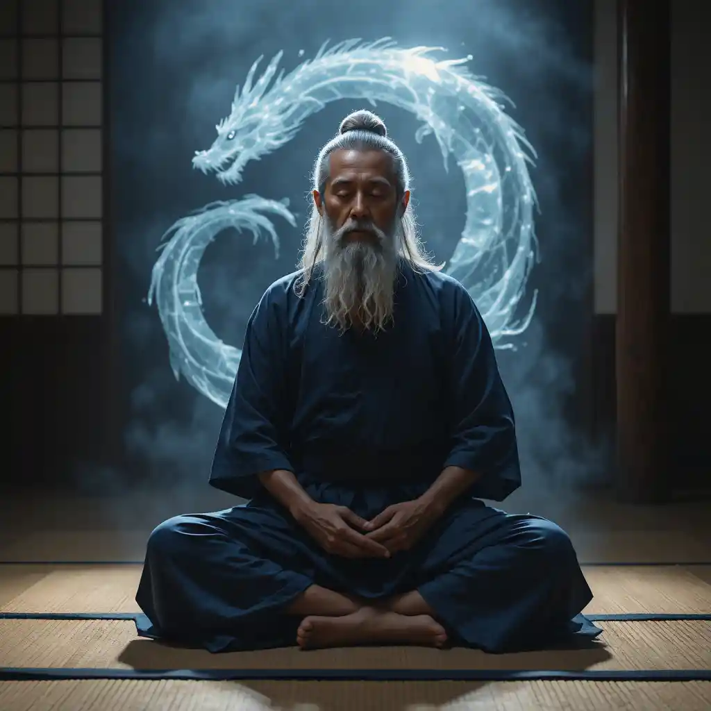 Elderly man meditating in a serene Japanese tatami room