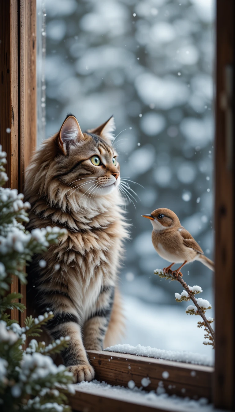 Getigerte Katze beobachtet einen Vogel durch ein verschneites Winterfenster