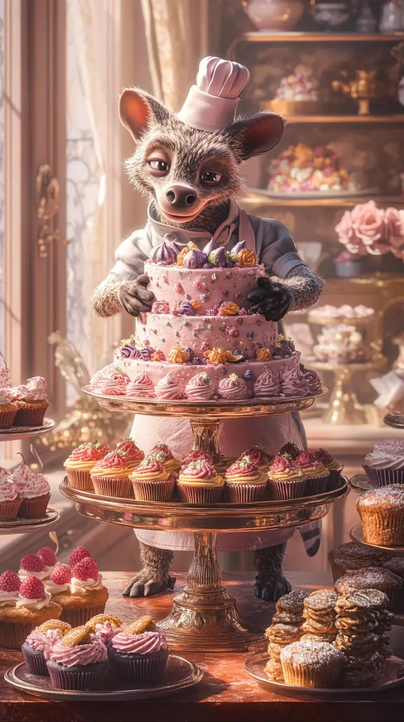 そびえ立つチョコレートケーキを作る擬人化ハイエナシェフ