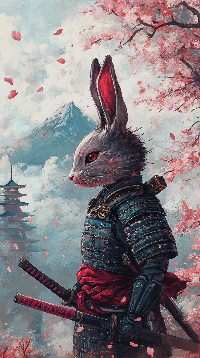 Jovem samurai coelha ao lado de katana entre flores