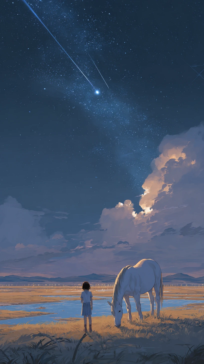 Girl leading a white horse under a moonlit sky