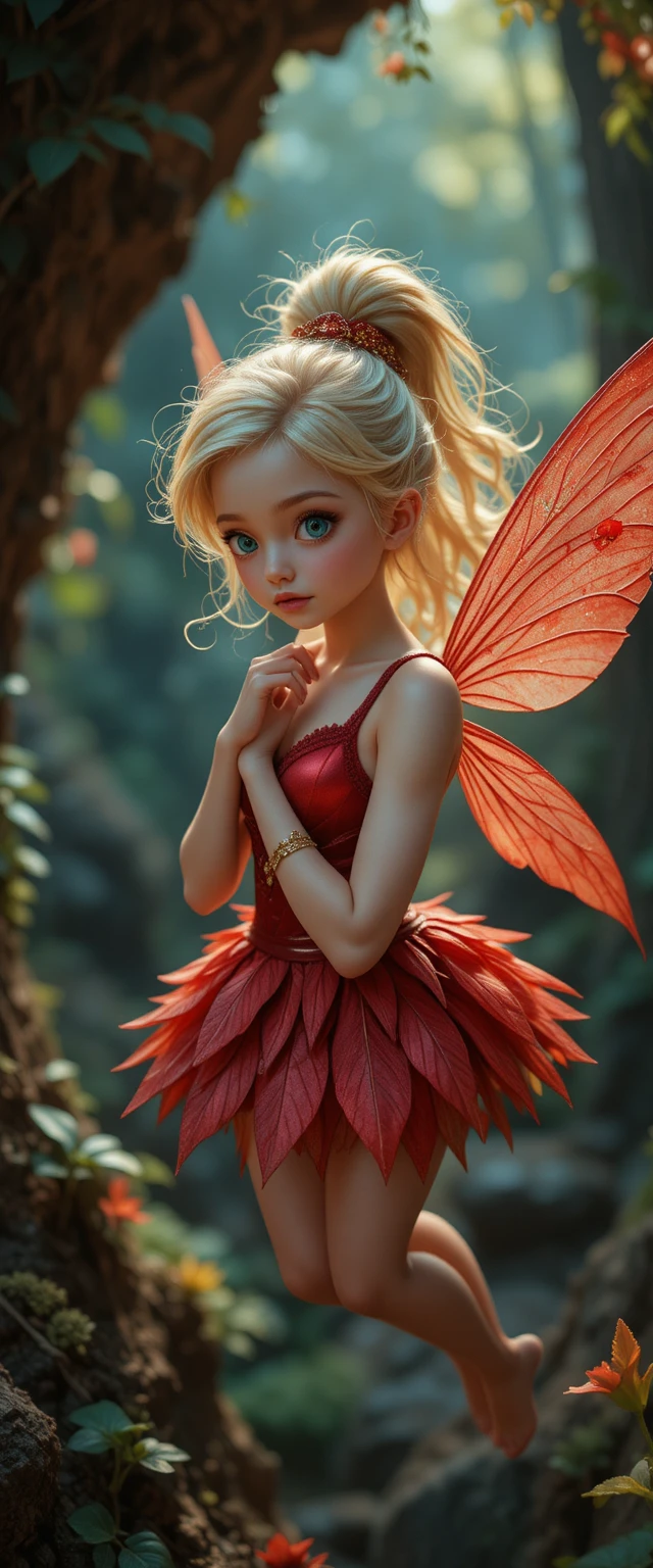 Blonde pixie fairy girl hovering in a cozy treehouse