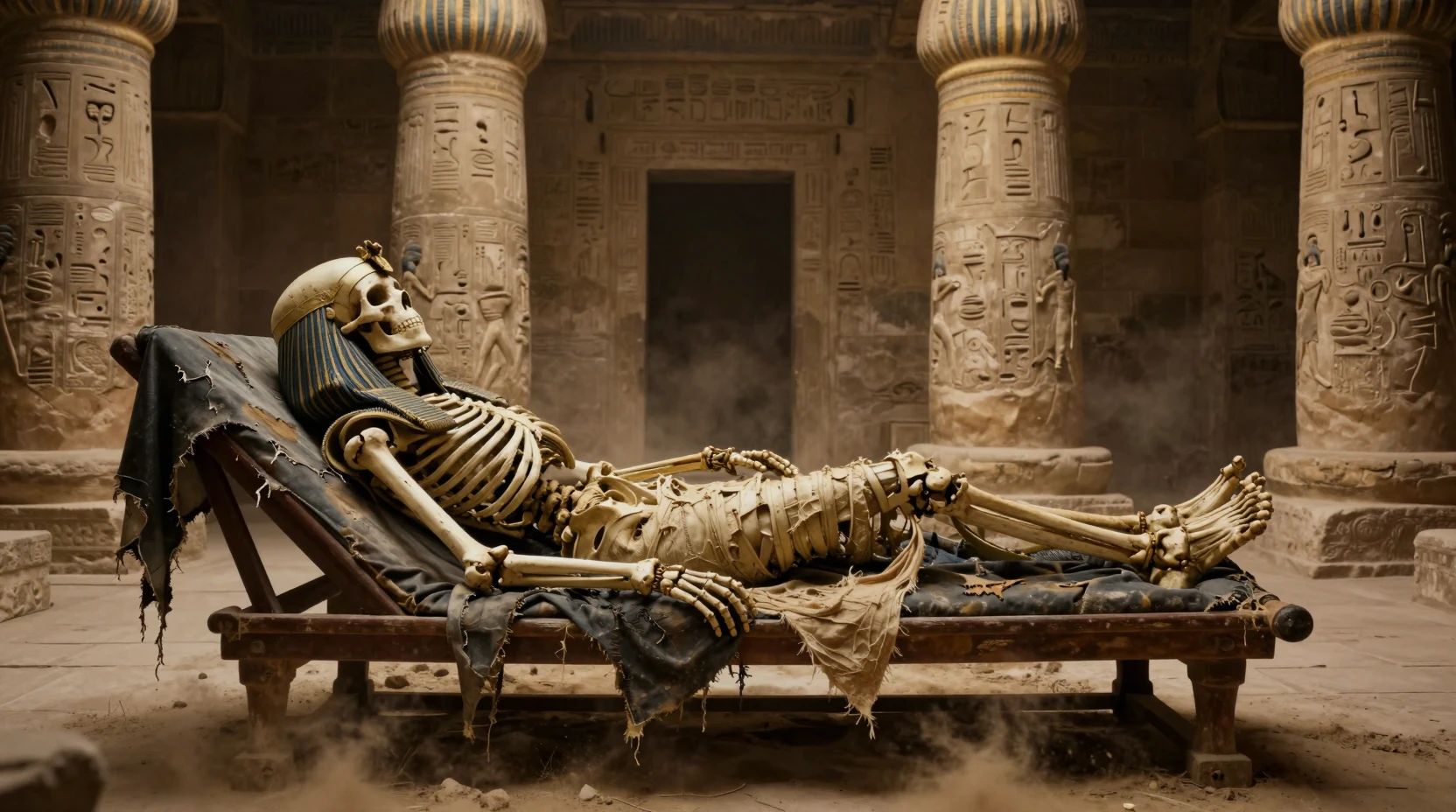 Rainha mumificada descansando em uma chaise em templo antigo