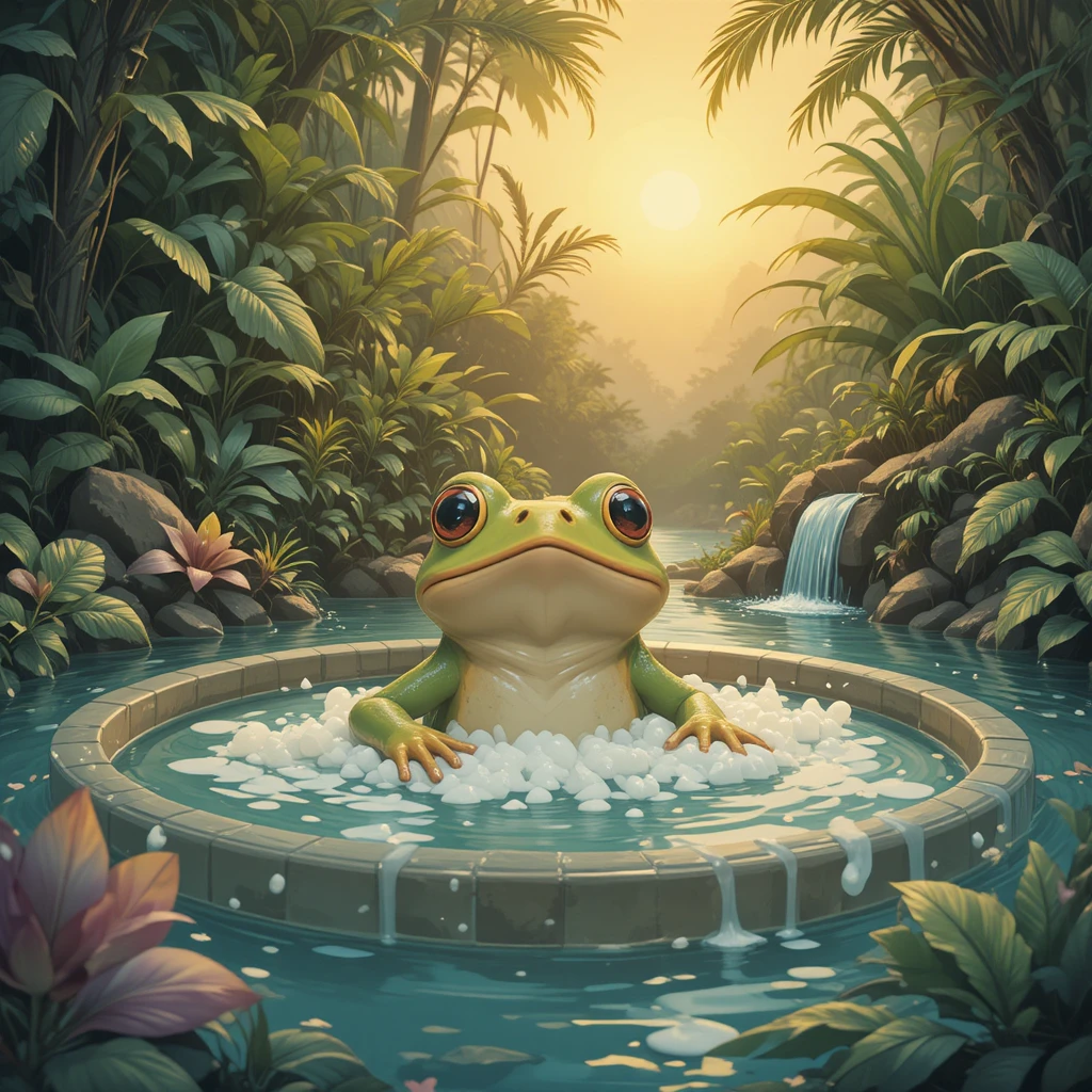Sapo relaxado tomando banho em uma piscina na selva ao pôr do sol