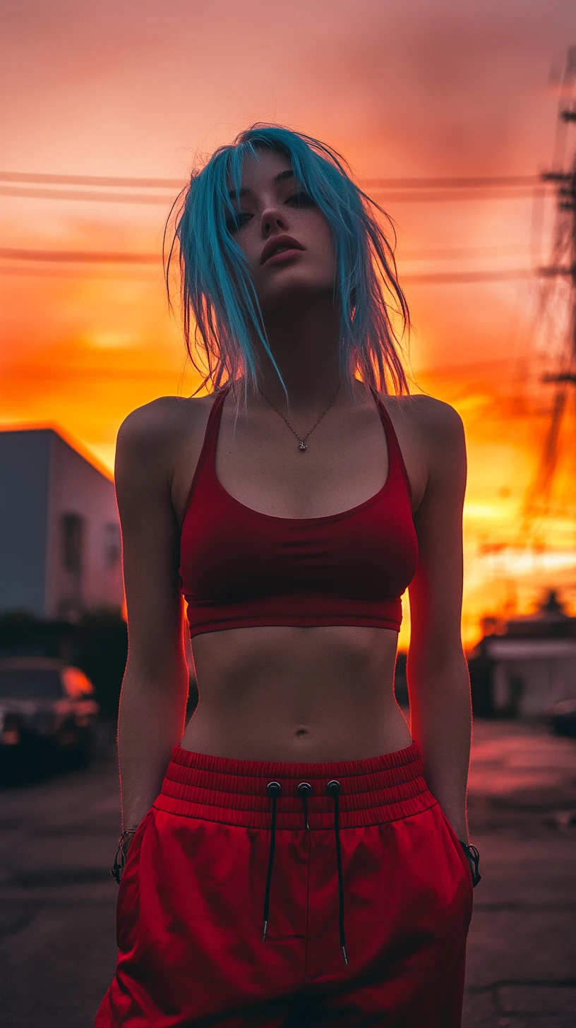 Mulher de cabelo azul em rua da cidade ao pôr do sol