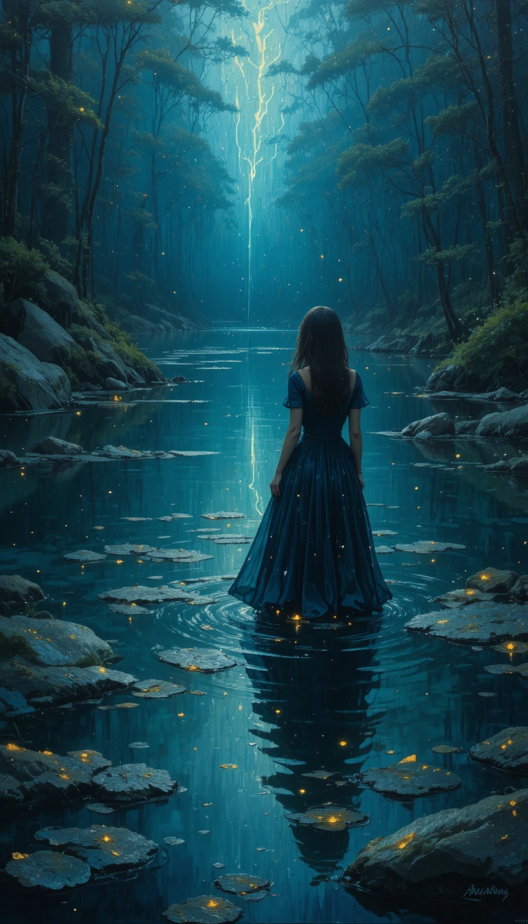 Garota observando seu reflexo cintilante em um rio escuro