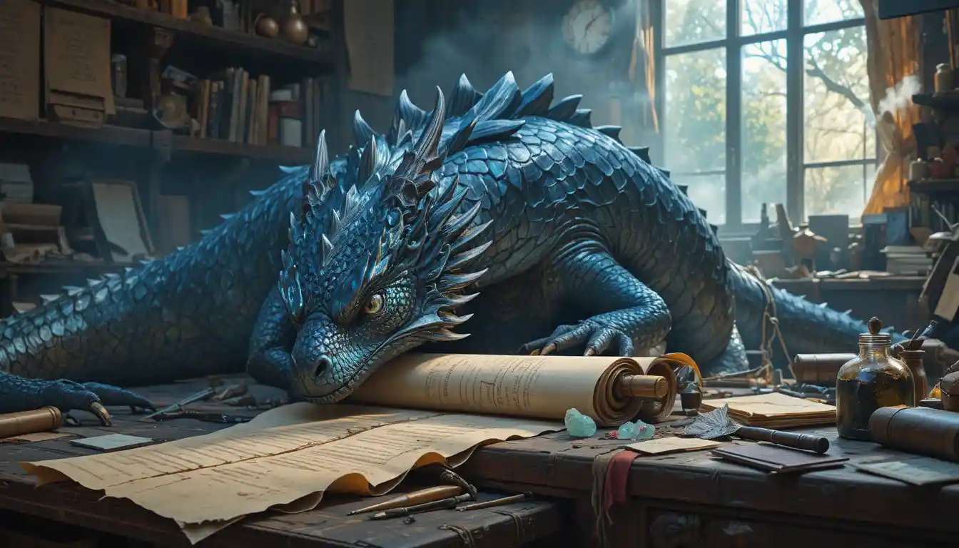 Majestic dragon resting in a magical workshop