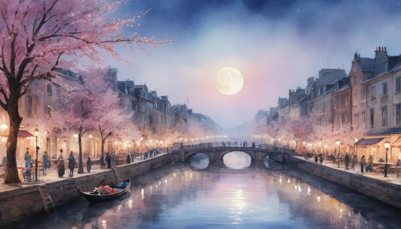 Sereno paisaje urbano de un canal en primavera bajo una brillante luna llena