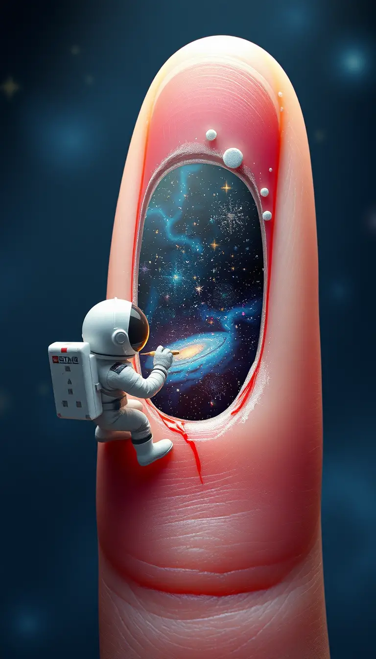 Miniature astronaut painting a cosmic portal on fingernail