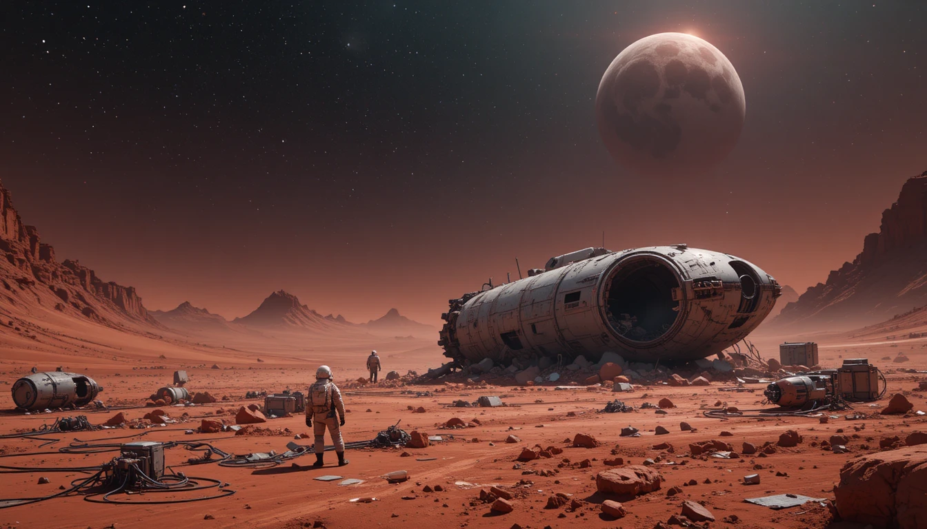 Lone astronaut on a crashed ship desert alien world
