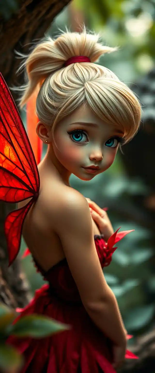 Flying fairy girl in red leaf dress near treehouse