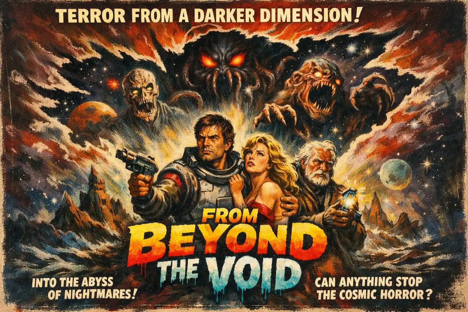Vintage-Sci-Fi-Poster eines aus der Dunkelheit auftauchenden kosmischen Horrors