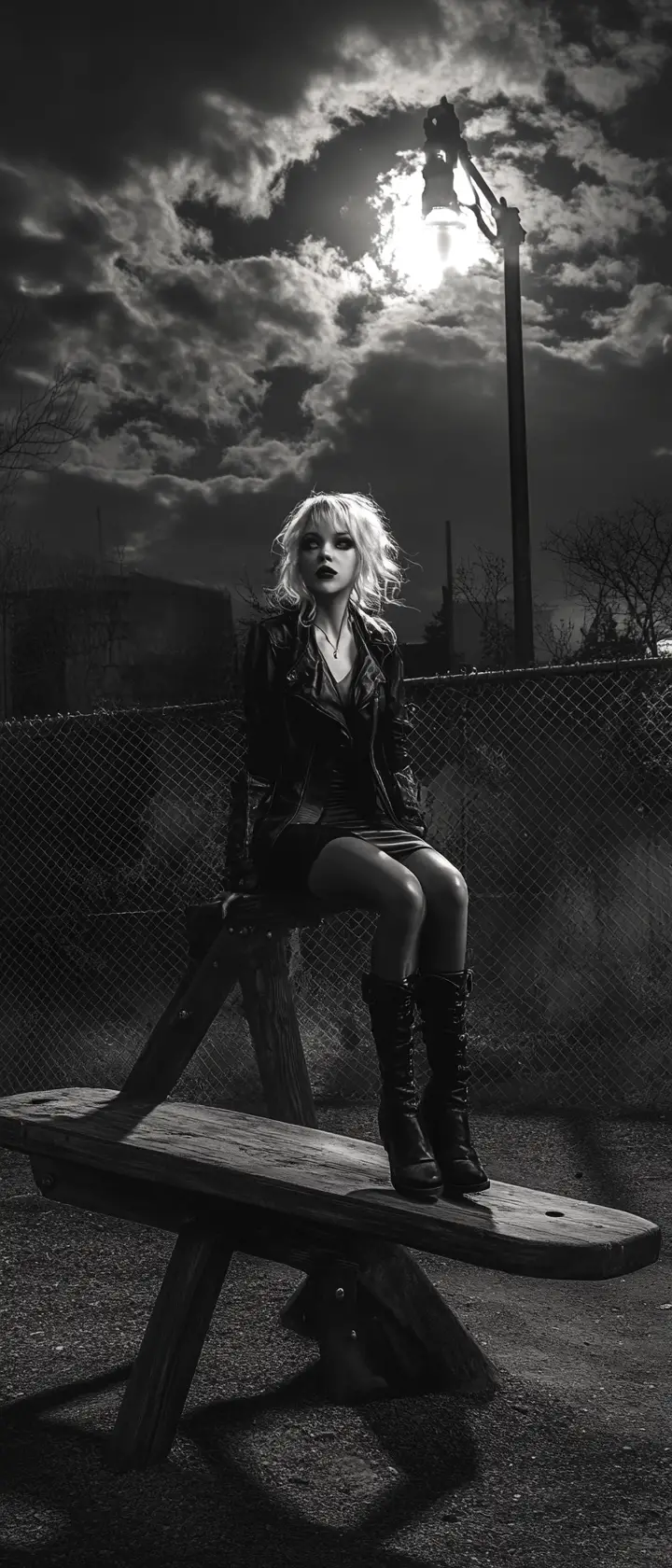 Steampunk woman on a playground seesaw at night