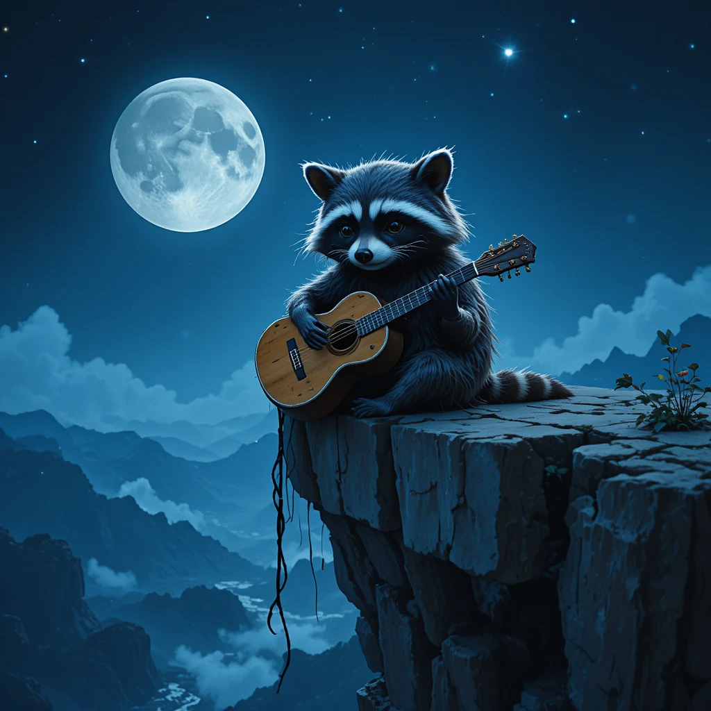 Mapache triste tocando la guitarra al borde de un acantilado a la luz de la luna