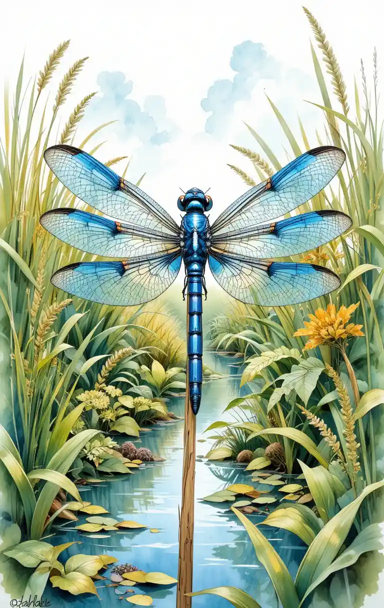 Libélula azul sobre junco en escena detallada de humedal en acuarela