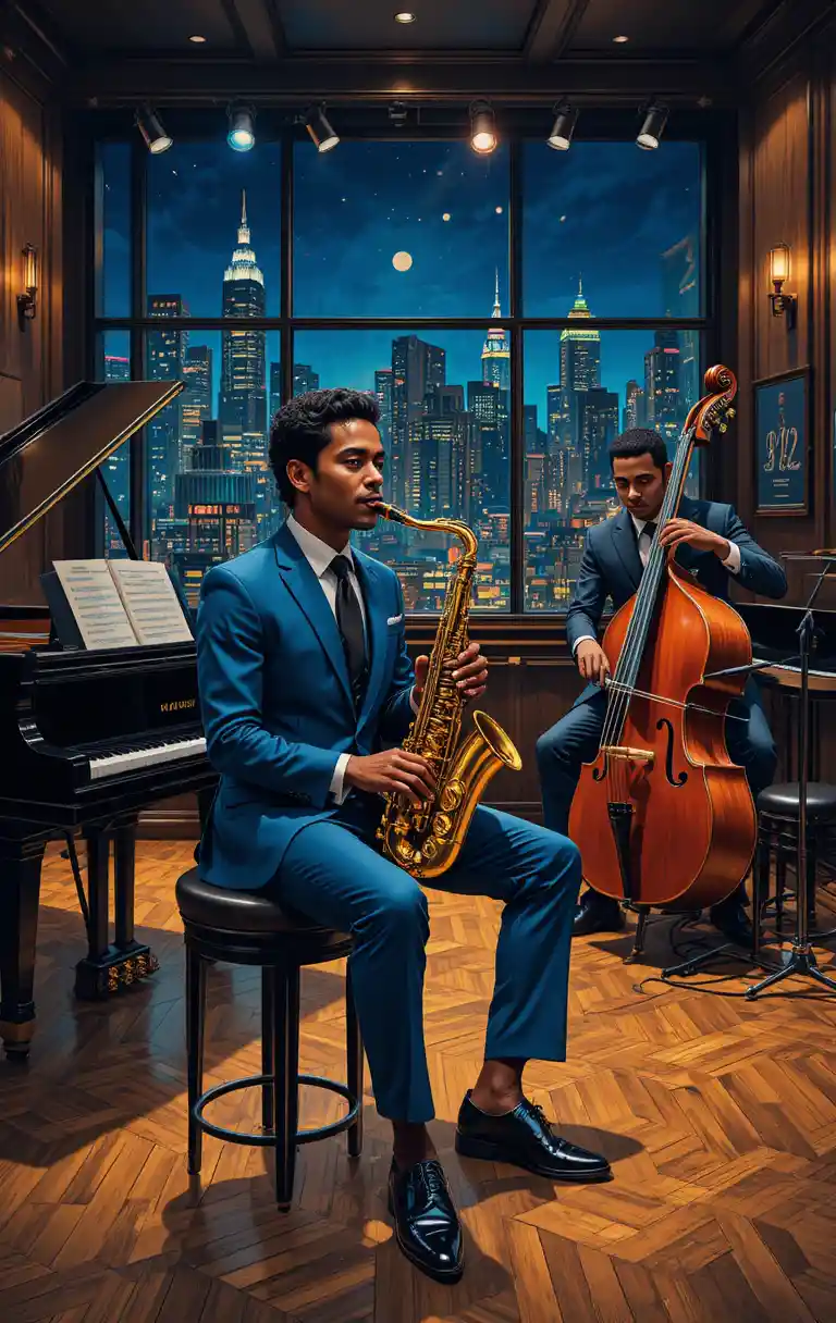 Jazz saxophonist and bassist in a luxurious night club