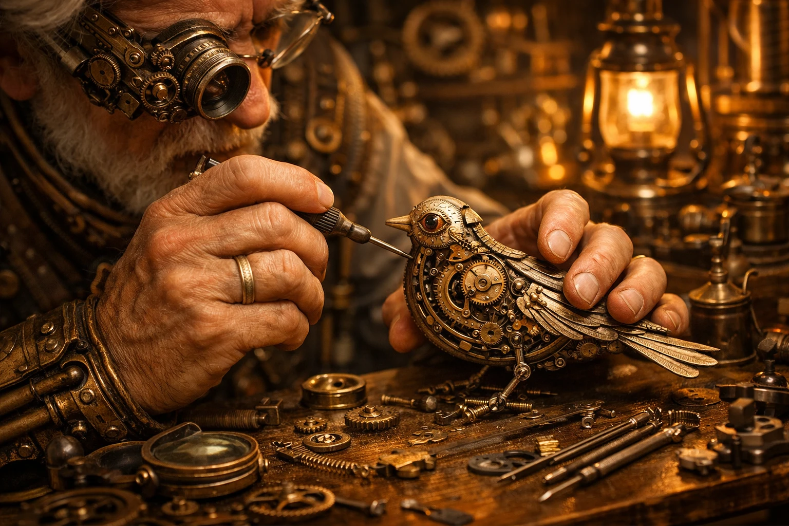 Artesão steampunk reparando um intrincado pássaro mecânico
