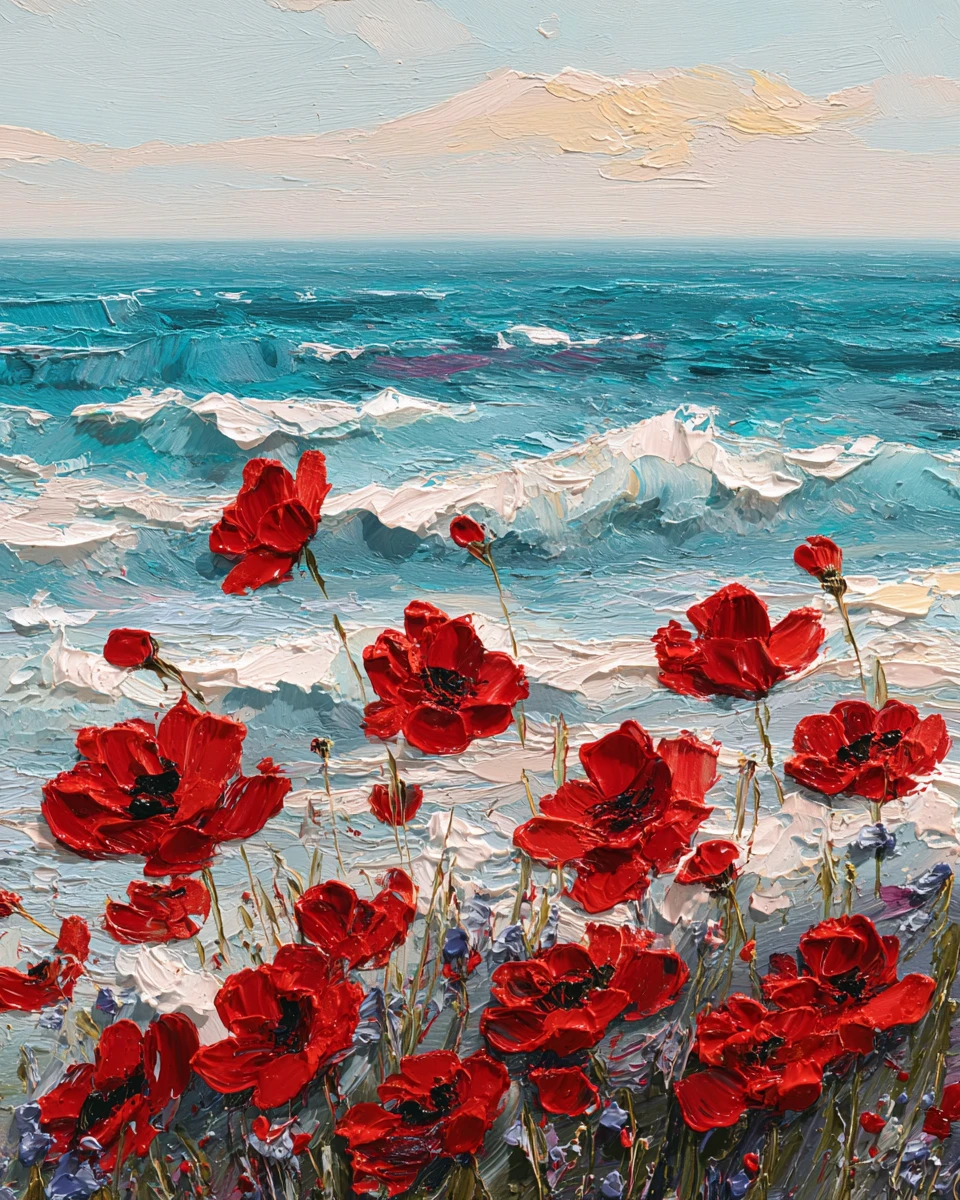 Papoulas vermelhas em uma pintura surreal de paisagem marinha em impasto