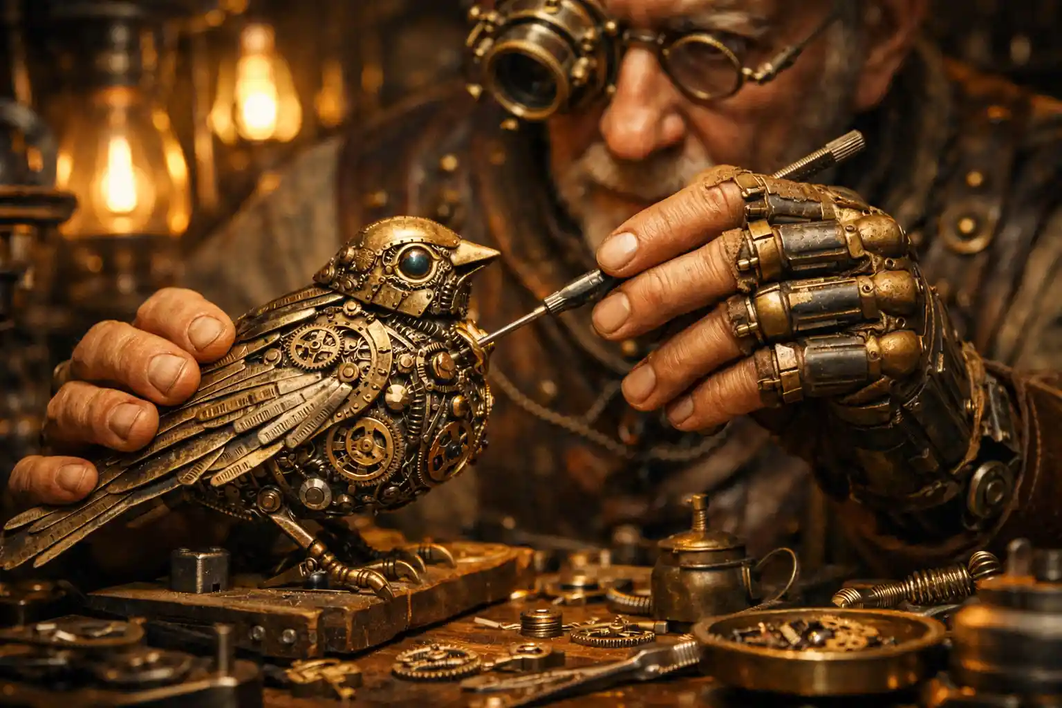 Steampunk artisan repairing an intricate clockwork bird