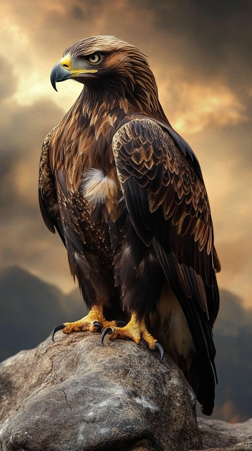 Aquila reale posata su una roccia sotto un cielo tempestoso